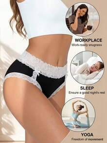 蕾丝边蝴蝶结中腰三角裤 - 1 条装 - 黑與白 - 查看 10