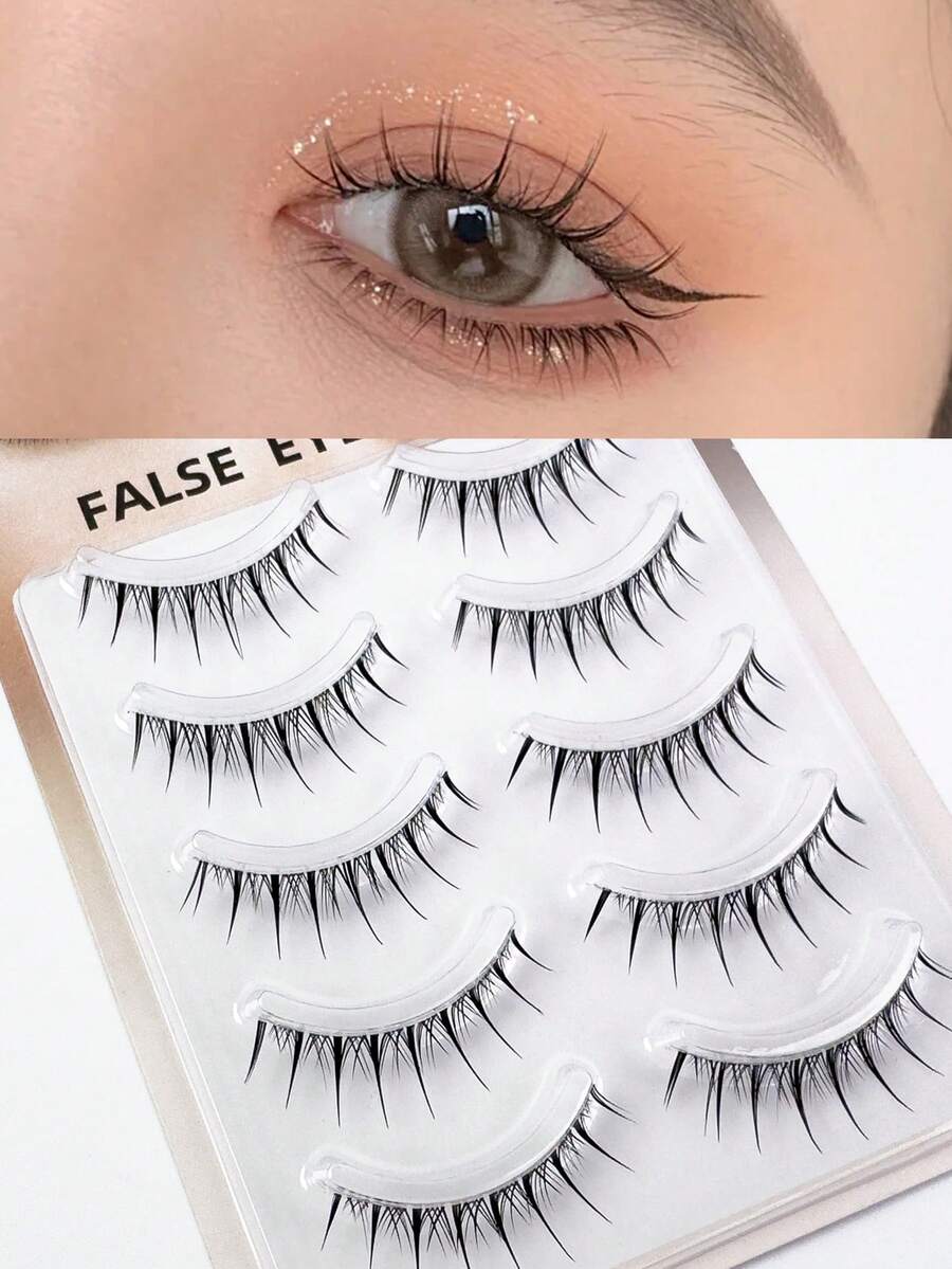 5 cặp mi giả nguyên dải dài 6-10mm, mềm mại và quyến rũ, kiểu hoạt hình với đuôi nhọn, xoăn tự nhiên, sợi đen mỏng nhẹ, có thể tái sử dụng, phù hợp cho trang điểm hàng ngày. - màu đen - Xem 1