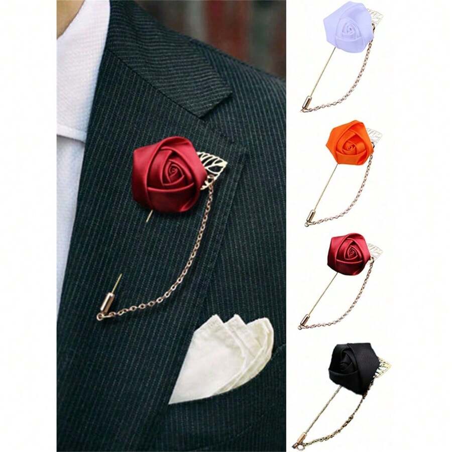 1pc Men's Suit Golden Leaf Rose Brooch With Chain, Unisex Tie Clip - Nhiều màu - Xem 1