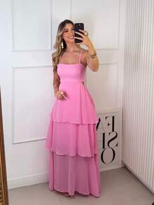 Simple Long Party Dress With Chiffon Ruffle Detail, Perfect For Weddings, Baby Showers, Travel, Summer, And Spring. - Pink - View 1