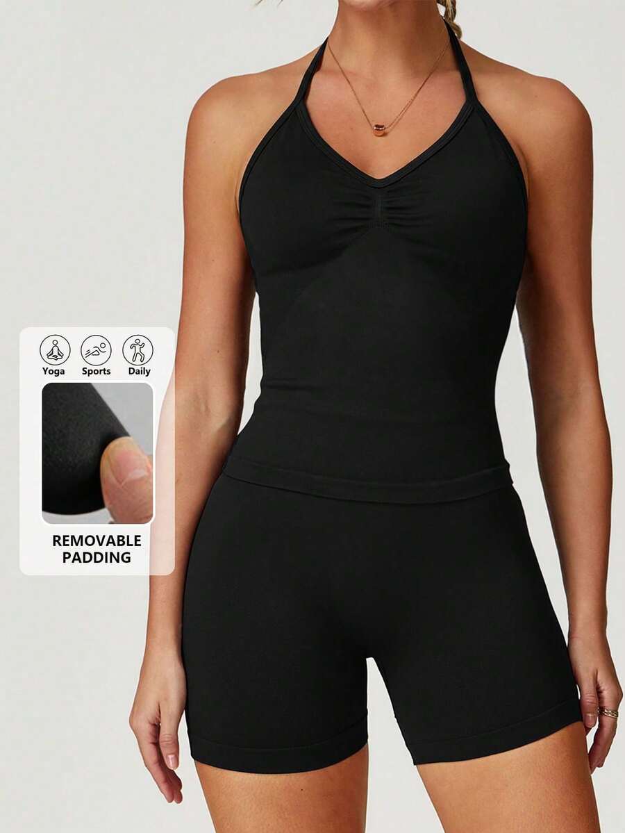 DINBEY Seamless Yoga Workout Set, Women's Racerback Yoga Top And Tight Booty Shorts, Spring/Summer Sports - Black - View 1