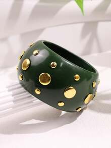 1pc Green Wide Resin Bracelet, New Punk Style Gold Rivet Cuff Jewelry, Versatile Retro Thick Bangle For Women - Multicolor - View 9