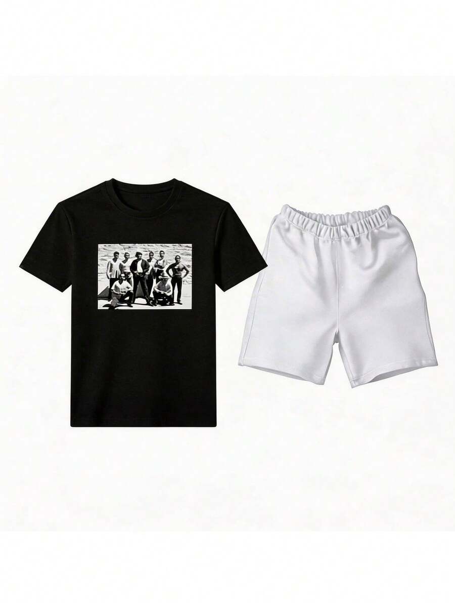Conjunto para hombre estilo streetwear urbano con estampado gráfico divertido y letras algodón cómodo ajuste holgado cuello redondo manga corta primavera verano uso casual set de playera y shorts - Negro 1 - Ver 1