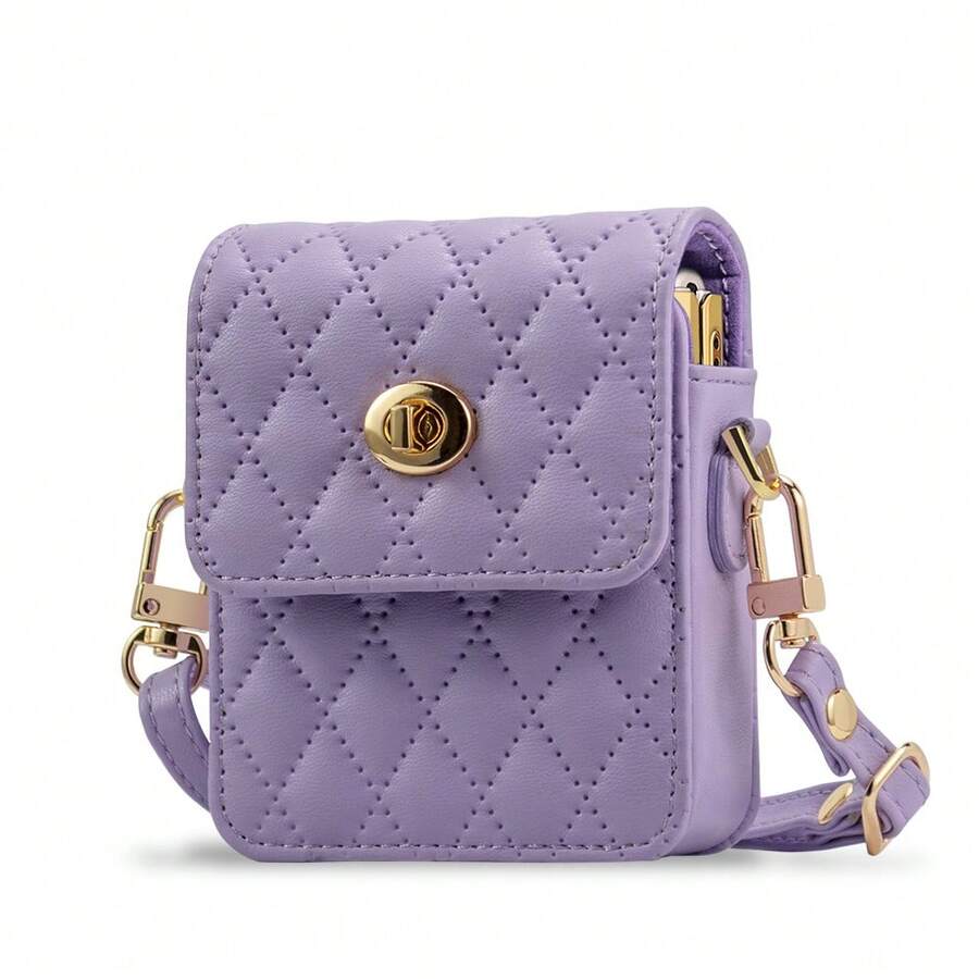 VIETAO Crossbody Z Flip Series Mobile Phone Bag Compatible With Samsung Galaxy Z Flip 6 5 4 3 5G Portable Leather Bag With Long Strap Wallet Card Case - Purple - View 1