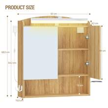 HaluPeit Specchio Bagno Contenitore, Mobiletto a specchio con illuminazione a LED, porta asciugacapelli e ganci, mobile specchio bagno, con Ripiano Regolabile, 16,5 x 60 x 68,5 cm, Colore Rovere - Colore del legno - Visualizzare 8