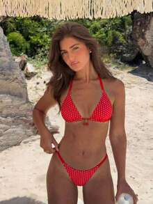 Women's Reversible Polka Dot Printed Bikini 2 Pieces Set, Fashionable Elegant Sexy Summer Beach Pool Party Swimwear Vacation - Red and White - View 3