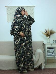 Women's Oversized Prayer Robe With Printed Design, Dignified Long Sleeve Woven Robe With Applique Details, Floor-Length Islamic Clothing Black - Black - View 1
