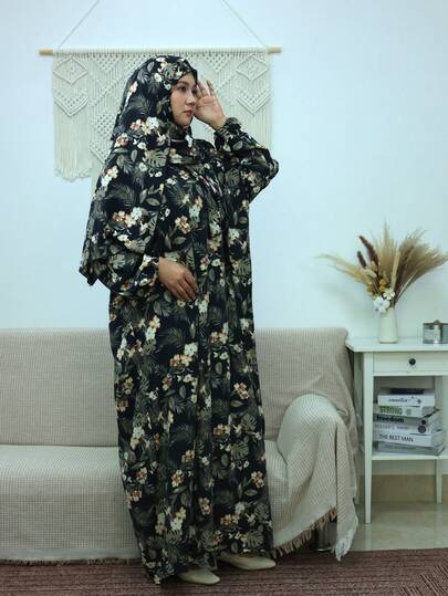 Women's Oversized Prayer Robe With Printed Design, Dignified Long Sleeve Woven Robe With Applique Details, Floor-Length Islamic Clothing