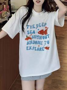 Women's Casual Loose Short Sleeve T-Shirt - Light Gray Round Neck With "Unexplored Deep Sea" Lettering And Cartoon Fish Print, Breathable Top For Spring And Summer, Beach Style Outfit, Ocean Theme Apparel, Fun Pattern Comfortable T-Shirt - Relaxed Fit Casual Vintage Style Comfort Daily Short Sleeve Unisex Cotton T-Shirt Top - trắng - Xem 5