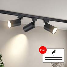 Conjunto de luminária de teto com trilho, lâmpada GU10, embutida, em alumínio preto + PC, AC85-265V, giratória 180°, preto/branco, com trilho (inclui trilho e acessórios de conexão), ideal para quarto/escritório/sala de estar/closet/vitrine/showroom/loja/galeria/corredor/sala de jantar/loja de roupas/bar. - Preto - Ver 6