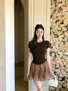 新款波点优雅喇叭迷你裙，女士春夏款 - 卡其色 - 查看 6