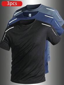 3pcs Boyfriend Style Men's Lightweight Breathable Tennis/Badminton/Running Sports Casual Striped Round Neck Short Sleeve T-Shirts, Spring/Summer - Multicolor - View 1