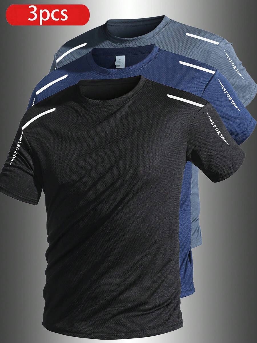 3pcs Boyfriend Style Men's Lightweight Breathable Tennis/Badminton/Running Sports Casual Striped Round Neck Short Sleeve T-Shirts, Spring/Summer - Multicolor - View 1