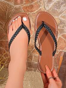 1 đôi dép xỏ ngón nữ thiết kế quai bện, đế bằng mềm mại, kiểu dáng thường ngày, phù hợp đi biển hoặc nghỉ mát. - đen - Xem 4