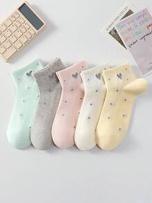 5双装女士可爱甜美透气爱心波点图案短袜，隐形袜，白色、粉色可选，适合日常休闲穿着，四季皆宜 - 彩色 - 查看 8