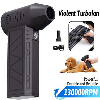 1个黑色多功能宠物毛发清洁器，压缩空气除尘器，手持清洁工具，迷你涡轮风扇，13000转/分钟吹尘器，适用于汽车、电脑键盘、宠物毛发、烘焙等。