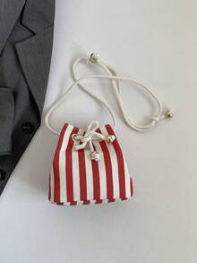 1pc Mini Striped Drawstring Detail Wallet, Summer Beach Pouch, Beach Essential, Beach Accessories, Beach Bag And Summer Necessity - Red - View 9