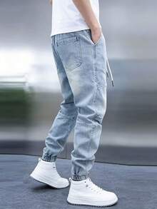 1PCS Teenage Jeans Stylish Cropped Design With Comfortable Tapered Legs, Perfect Fit For Teens In Modern Streetwear Style - Blue - View 4