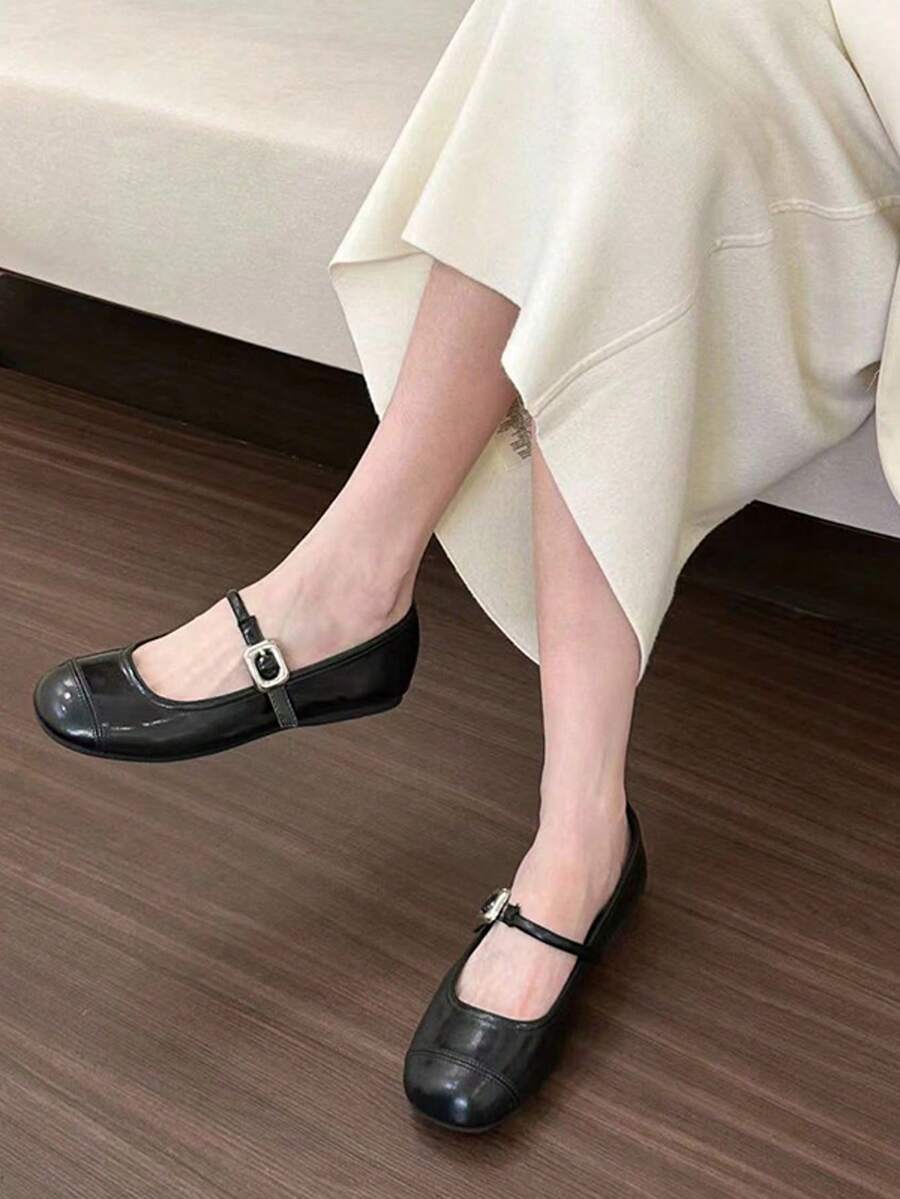 1 đôi giày bệt nữ kiểu Pháp, giày da gót thấp đa năng, giày công chúa thời trang cho học sinh, mùa xuân/hè. - màu đen - Xem 1