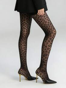 1 Pair Women's Spring/Summer Leopard Print See-Through Black Tights, High Stretch Nylon Material, Sexy Wild Y2K Style, Ideal For Clubwear & Date Night - Multicolor - View 4