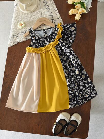 bearleader Girls' Summer Casual Floral Print Patchwork Dress