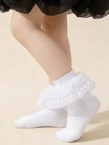 4 Pairs Solid Color Lace Trim Double Layer Princess Dance Socks For Kids & Toddlers - Champagne - View 2