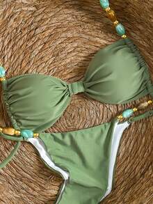Bikinx Women's Elegant Halter Backless Beaded Bikini Set High Cut Boho Swimwear With Tie Back Details And High Stretch Fabric - Green - View 7