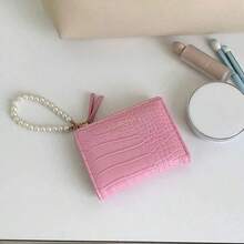 Women's Folding Wallet With Faux Pearls Chain Crocodile Grain Leather Minimalist Korean Style Handheld Design Business Casual Woman Card Case Gifts Essentials Items For Women Wallet Purse Wallet Small Wallet - Hồng - Xem 6