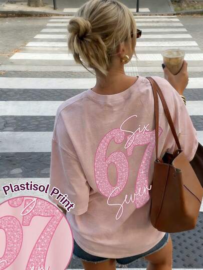 Áo thun ngắn tay cổ tròn in chữ tối giản phong cách mùa hè mới, thời trang và đa năng dành cho nữ, màu hồng.