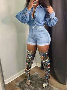 Women's Summer Fashionable High Waist Cuffed All-Match Versatile Denim Shorts Casual Black - Light Wash - View 5