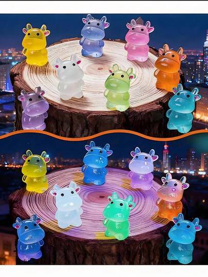 15pcs Luminous Mini Resin Cow Figurines, Glow-In-The-Dark Small Animal Decor Suitable For Fairy Garden, Micro Landscape, Aquarium, Potted Plants, Home & Outdoor Decor, Perfect Party Favors And Birthday Gifts, Random Colors