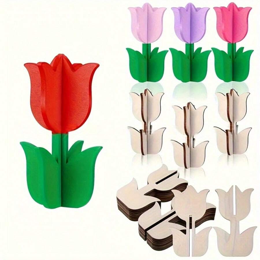 12pcs Wooden Tulip Shaped, Suitable For DIY Crafts, 3D Floral Decor, Light Beige Natural Wood, Great For Spring Home Decor, Party Projects, Handmade Crafts, Mother's Day Gifts, Elegant Wooden Floral Decor For Party Center Pieces, Weddings, Birthdays And Holiday Decorations. - Multicolor - View 1