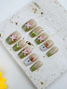Purely Handmade Nail Art,10-Piece Set,Lime Green,Short Trapezoid,Beauty , Fragrancestyle, French Tip Nails,Press On Nails - Lime Green - View 3