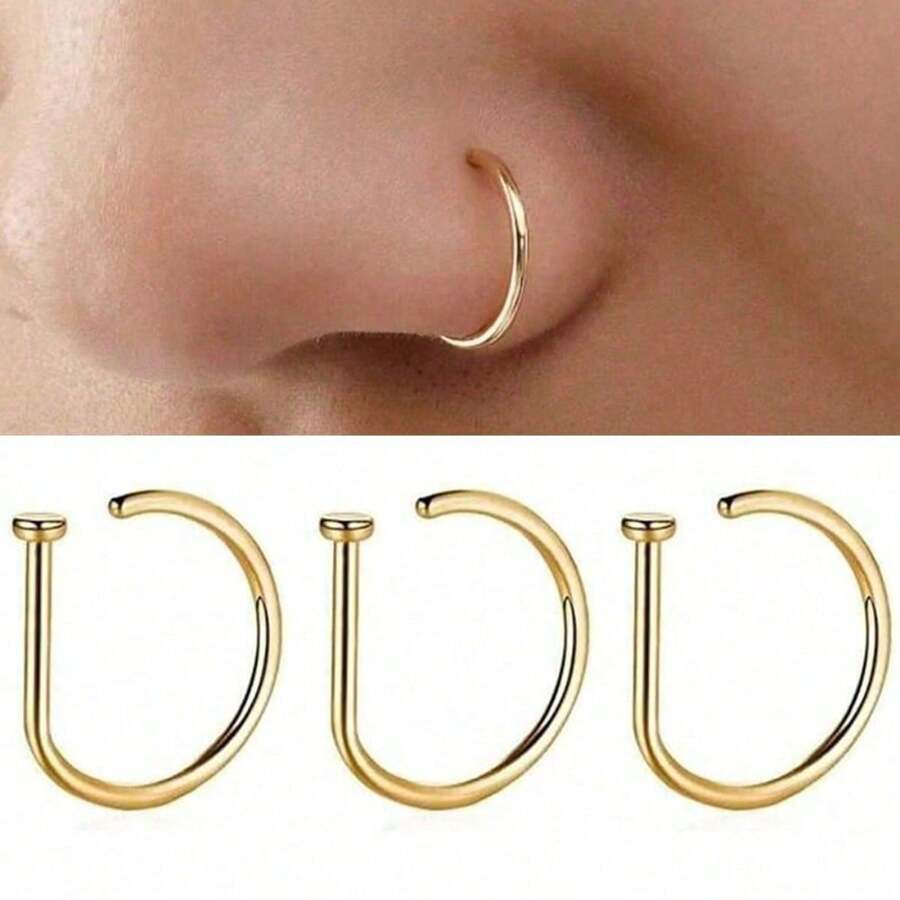 3Pcs Women Men Fake Piering Nose Ring Fashion D-Shape Punk Non Piercing Nose Clip Stainless Steel Perforation Septum Body Jewelry - Vàng - Xem 1