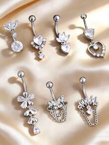 1件装时尚锆石镶嵌心形肚脐环，配蝴蝶链吊坠，优雅锆石花朵肚脐环，适合日常佩戴、派对和节日场合。 - 1件臍環 - 查看 2