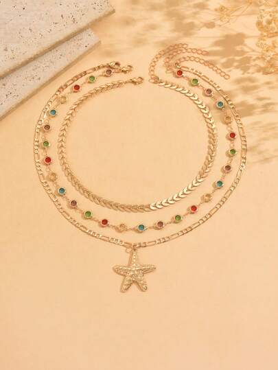 3pcs/Set Summer Ocean Style Metal Starfish Pendant Necklace, Minimalist Fish Bone Chain, Shiny Colorful Crystal Necklace For Women, Suitable For Daily Wear, Beach Travel, Photo Shooting. The Length Of The Handmade Chain Can Be Customized, And The Arrangement Of The Colored Crystal Beads Is Random.