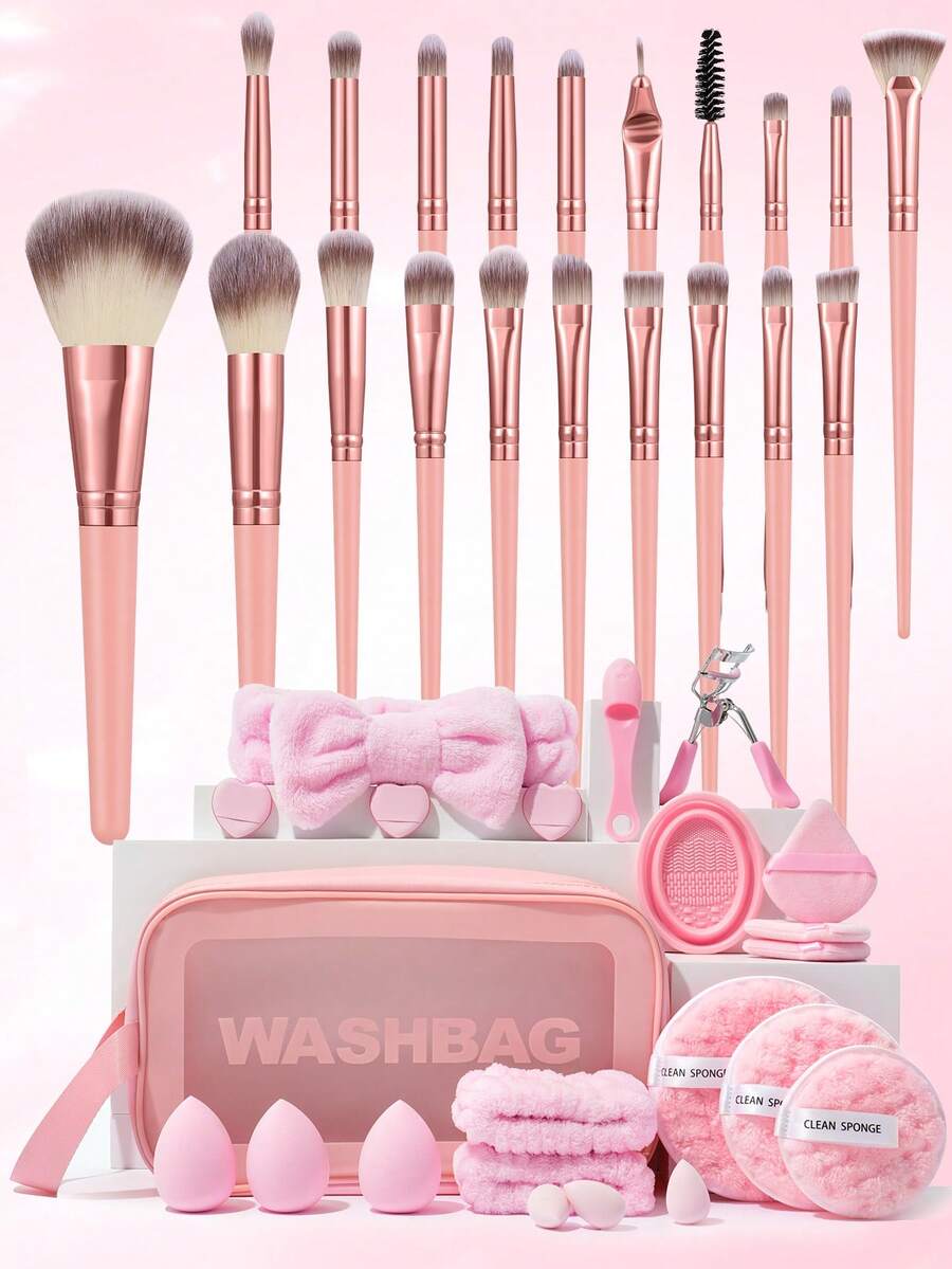 42件套化妆工具套装，包含：20支化妆刷套装+1个发圈+1个面膜刷+1个睫毛夹+3个三角粉扑+1个化妆刷清洁工具+3个迷你气垫粉扑+1个多功能防水拉链化妆包+3个洁面海绵+2个手碗挂绳+3个化妆海绵+3个迷你化妆海绵，一应俱全，新手友好 | 方便携带，送礼佳品 | 新手/女性的完美之选 - 彩色 - 查看 1