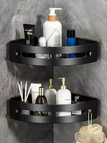 Black Bathroom Shelf, Large Capacity Wall-Mounted, No Drilling Required. Can Be Used As Wall-Mounted Shower Gel & Shampoo Rack, Towel Rack, Rectangular Wall-Mounted Rack, And Adhesive Bathroom Shelf. Suitable For Bathroom And Kitchen. - Rectangular Rack - View 5