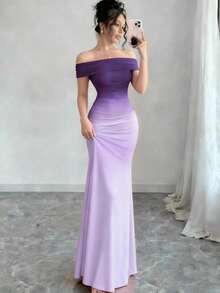 Vestido ajustado de mujer con hombros descubiertos y efecto degradado - Morado - Ver 1