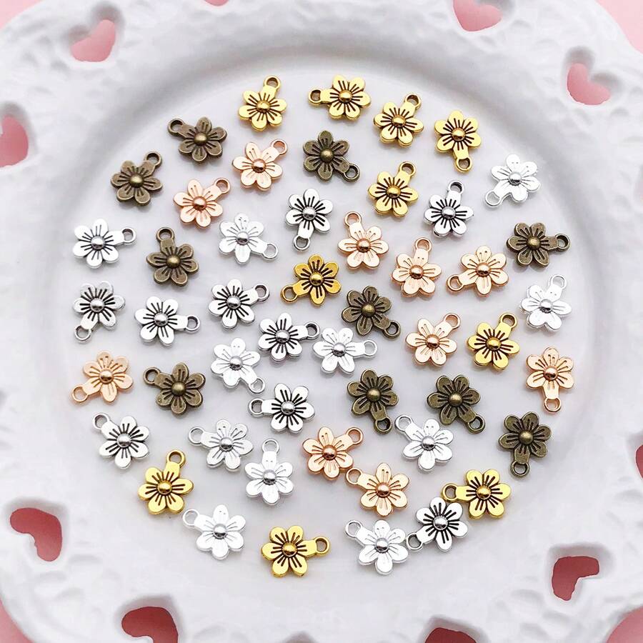 50个多色9x12mm合金花朵吊坠，适用于DIY项链、手链、钥匙扣等饰品配件