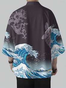 One Piece Of Dragon Koi And Wave Print Auspicious Chinese Style Woven Fabric Classic And Lively Men's Mid-Sleeve Cardigan Loose Coat For Daily Outing In Summer As An Auspicious Gift Gray Base With Dragon Koi And Wave Pattern Style - Multicolor - View 4