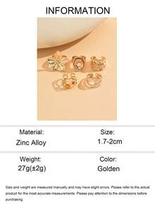 5pcs/Set Retro Metal Flower Colorful Rhinestone Design Rings, Faux Pearl Enamel Inlaid Rings, Suitable For Women's Daily Outfit, Decoration, Dating, Gathering, Party Wear - Multicolor - View 5