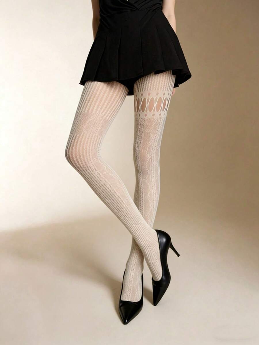 1双白色渔网袜，AB竖条纹提花性感撞色网袜，适合婚礼季日常穿着 - 彩色 - 查看 1