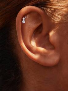 EleRunis 1PC 0.1ct Moissanite Diamond 925 Sterling Silver Star 18K Gold Plated Flat Back Cartilage Helix Threaded Piercing Fine Jewelry For Daily Wear Wedding Party Engagement Anniversary Valentine's Day - Silver - View 3