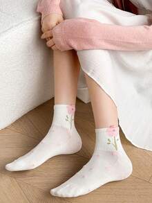 1/5 Pares de Meias de Tornozelo Femininas com Laço e Estampa Floral Fofa, Estilo Universitário INS, Meias Curtas Macias, Respiráveis e com Absorção de Umidade para Uso Diário, Esportes, Looks Casuais, Escola e Moda para Todas as Estações - Multicolorido - Visão 10