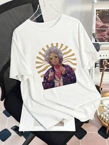 大码女式休闲印花圆领短袖T恤，适合春、夏、秋季穿着，也适合老年女士，适合返校季和暑假穿着，白色 - 白色 - 查看 5