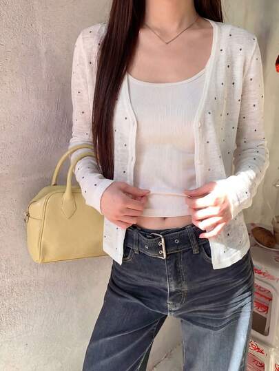 春夏波点V领长袖针织衫，尽显女性柔美气质，半透明罩衫，甜美休闲开衫上衣