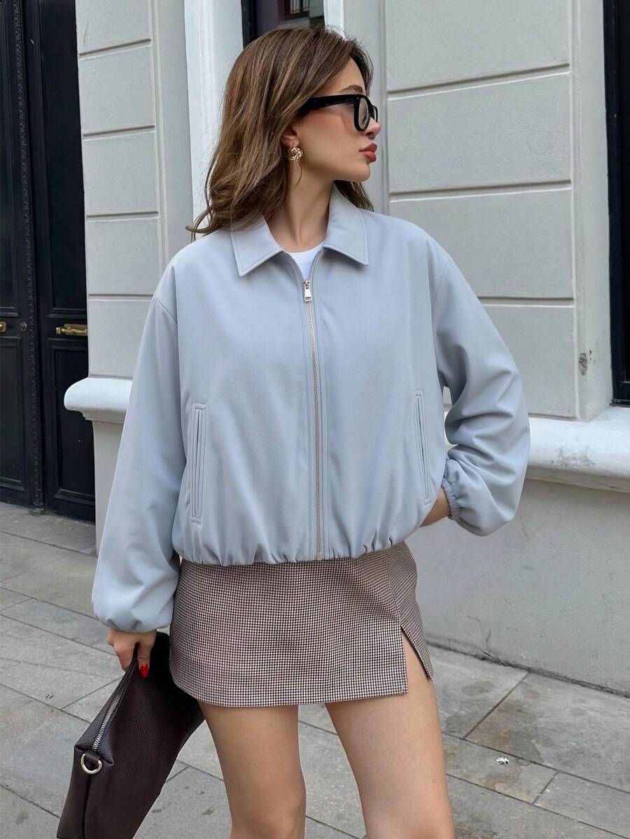 Women's Light Blue Zip Pocket Jacket - Casual Loose Lapel Spring/Autumn Coat - Baby Blue - View 1