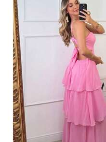 Simple Long Party Dress With Chiffon Ruffle Detail, Perfect For Weddings, Baby Showers, Travel, Summer, And Spring. - Pink - View 2