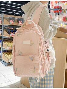 1pc New Stylish Fresh & Sweet Rhombus Butterfly Backpack, Lightweight Large Capacity Backpack For Middle/High School Students, Fashionable Laptop Bag, Travel Bag - Diamond Pattern Butterfly Backpack - View 5